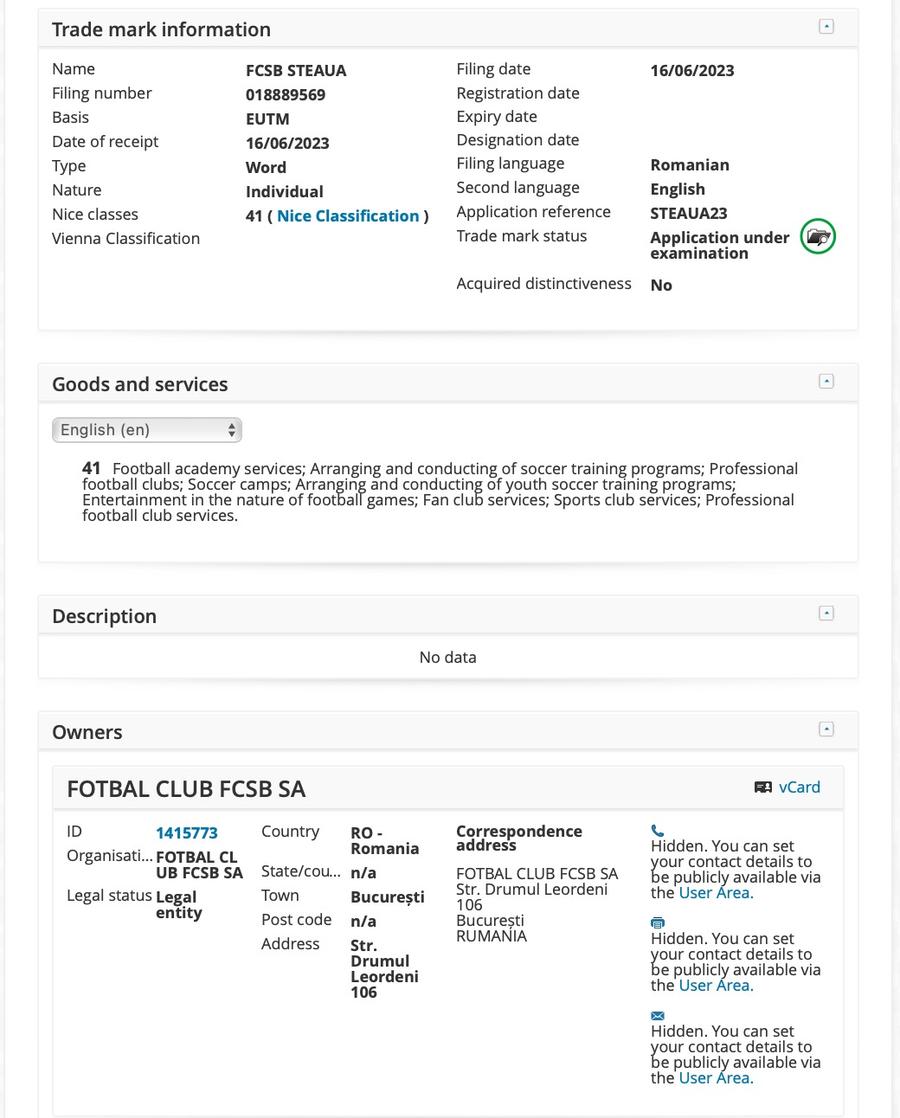 Captură de pe siteul EUIPO cu aplicația depusă de avocații FCSB Becali confirmă Gazeta: „Am depus cerere pentru numele FCSB Steaua!”