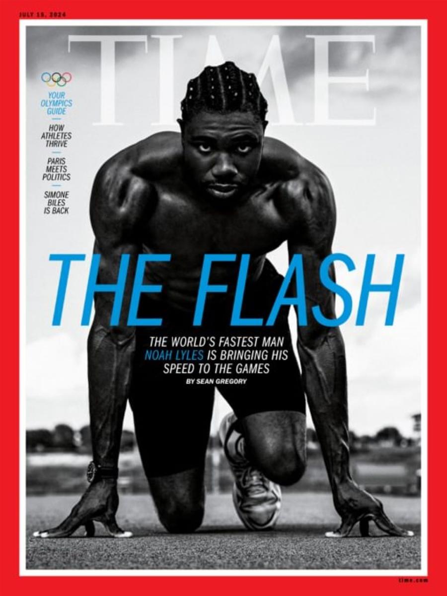 Coperta revistei Time (16 iulie 2024), cu Noah Lyles Cine va fi cel mai rapid om din lume la Paris? De la Oblique Seville la americanul Fred Kerley, iată favoriții sprint 100 de metri! » Seriile din semifinale + când e marea finală