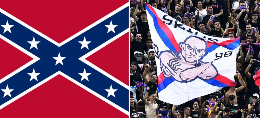 Steagul Confederat, în stânga, banner stelist la meciul cu Dunajska Streda Exces de zel de la UEFA? Un alt banner din galeria FCSB poate fi interpretat ca rasist. Dar e corect să o facem?