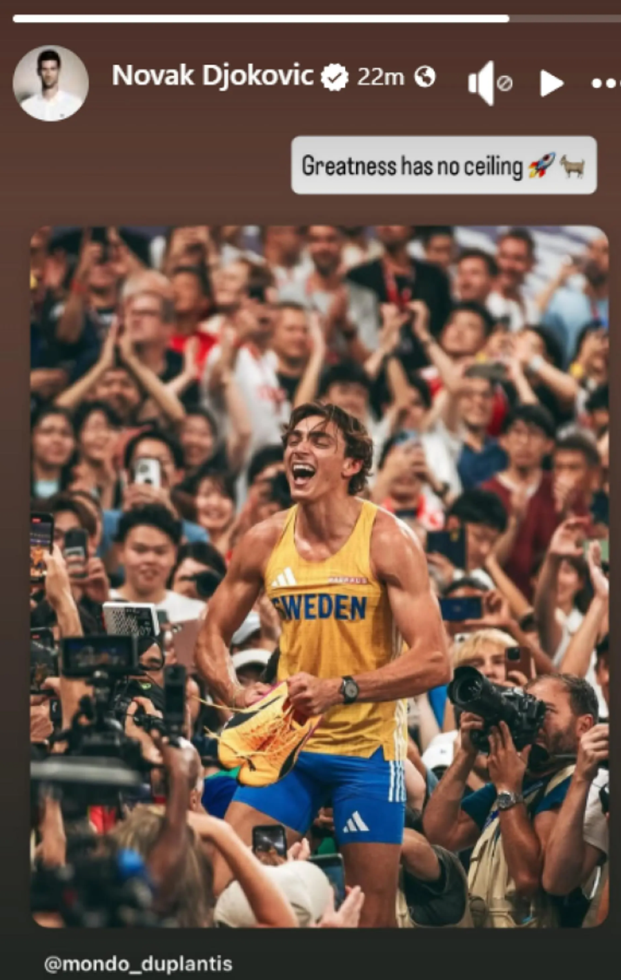 Mesajul lui Djokovic pentru Duplantis / Foto: Facebook Novak Djokovic Novak Djokovic, reverență pentru un atlet campion mondial la Tokyo: „Măreția nu are plafon”