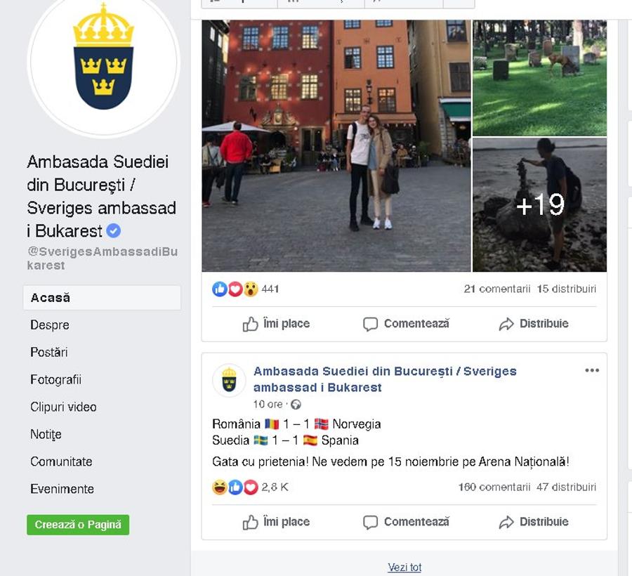 FOTO: Captură Facebook ROMÂNIA - SUEDIA // Reacție amuzantă a ambasadei Suediei: „Gata cu prietenia!”