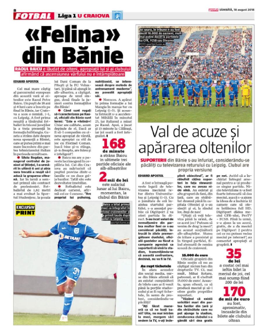 Materialul dedicat de GSP lui Raoul Baicu, după golul cu Leipzig Incredibil! Puștiul care marca pentru Craiova în Europa League s-a lăsat de fotbal la 21 de ani și și-a deschis o spălătorie de lux » Era considerat „giuvaierul generației sale”
