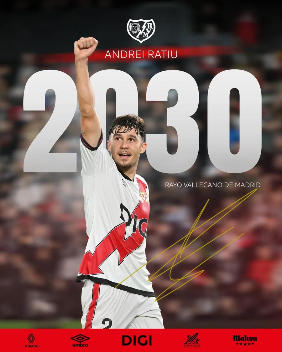 În urmă cu o lună, Rațiu a semnat prelungirea contractului cu Rayo până în 2030, după o veritabilă saga în ultimul mercato. Foto: facebook.com/rvmoficial „Fotbalistul Anului”, Andrei Rațiu, interviu de gală la Madrid: „Nu sunt arogant. Sunt doar timid” + „Vini jr. cel mai incomod? Nu! El e mult mai electrizant!”