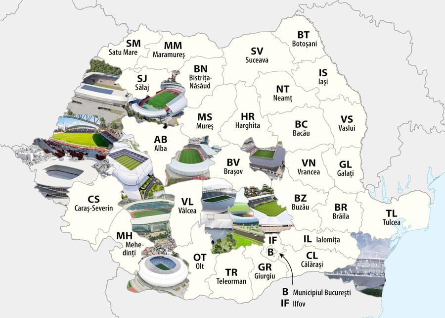 Harta stadioanelor noi din România, construite sau aflate în proces de construire Arene de 1 miliard de euro » În 10 ani s-au construit 11 stadioane noi, dar o regiune a fost ignorată complet! Alte 6 proiecte vor fi finalizate în 4 ani