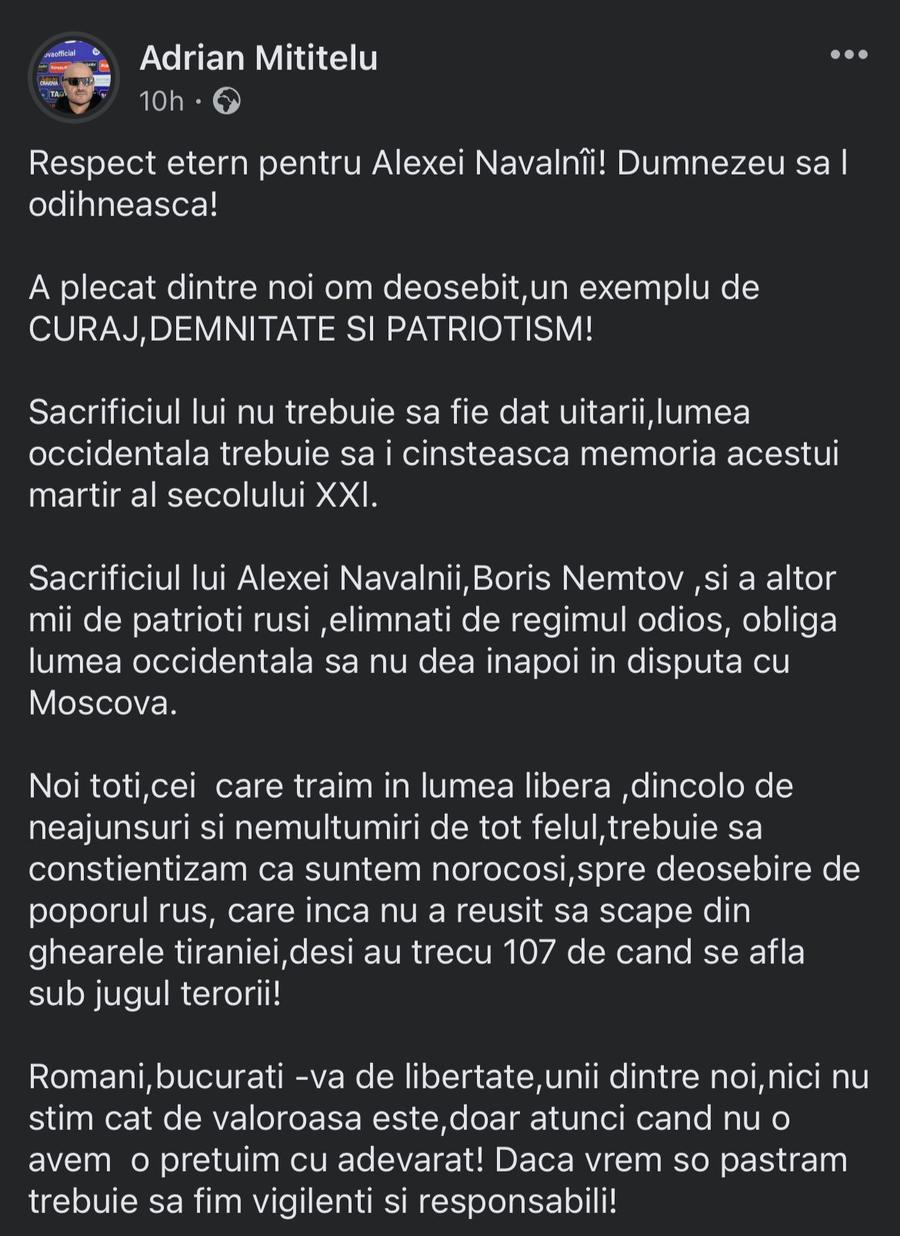 Minut de reculegere la FCU Craiova - CFR Cluj pentru Alexei Navalny » Mesajul lui Adrian Mititelu