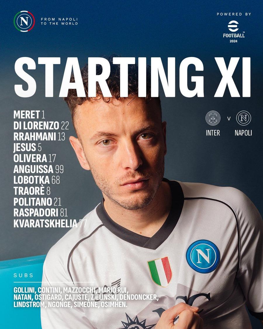 echipa de start a lui Napoli, foto: Twitter Inter - Napoli 1-1 » Liderul, primul pas greșit în Serie A din 2024