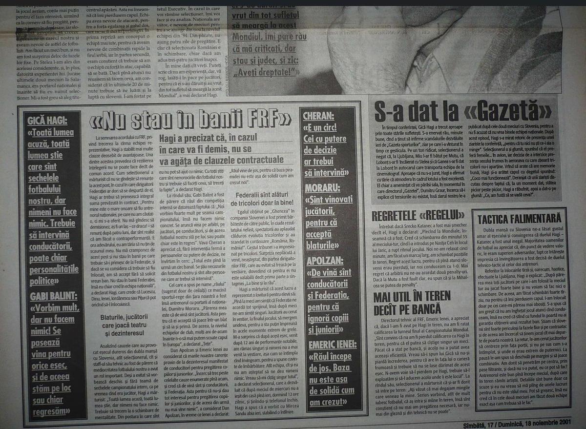 Conferința cu cântec a lui Gică Hagi din 2001, după dezastrul cu Slovenia + paginile Gazetei Sporturilor