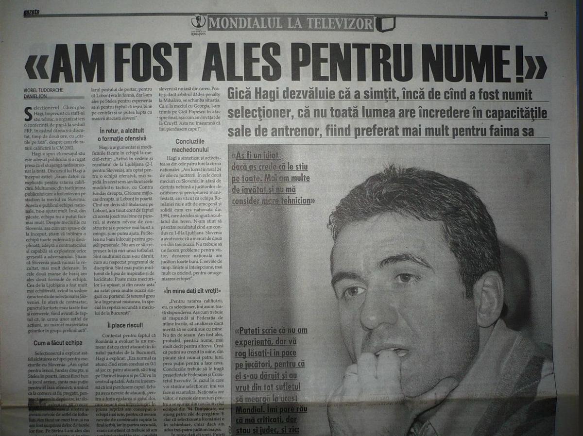 Conferința cu cântec a lui Gică Hagi din 2001, după dezastrul cu Slovenia + paginile Gazetei Sporturilor