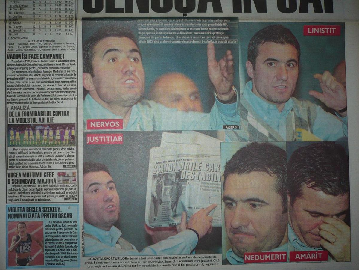 Conferința cu cântec a lui Gică Hagi din 2001, după dezastrul cu Slovenia + paginile Gazetei Sporturilor