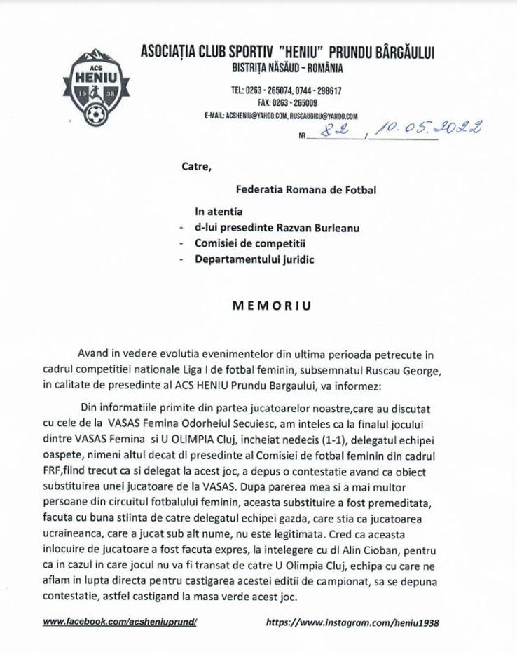 Memoriul înaintat la FRF de Prundu Bârgăului