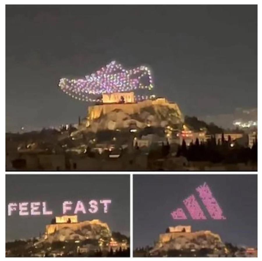 Imaginile care au revoltat Grecia, cu uriașa gheată Adidas călcând pe Acropole / Foto: X @daphnetolis Scandal monstru la Atena » Autoritățile elene vor să dea în judecată renumitul producător de echipament sportiv: „E un spectacol sălbatic, dezgustător și ilegal!”