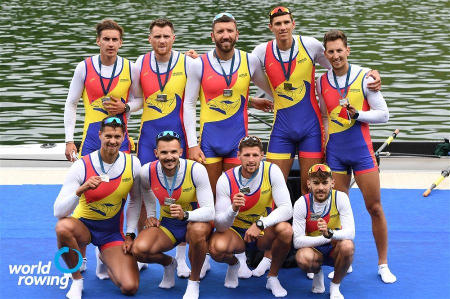 Florin Lehaci (primul, stânga sus), cu echipajul României vicecampion european FOTO World Rowing Dragostea din barcă » Povestea de iubire dintre Maria Tivodariu și Florin Lehaci, componenți ai bărcilor de 8 plus 1 ale României, calificate la Tokyo