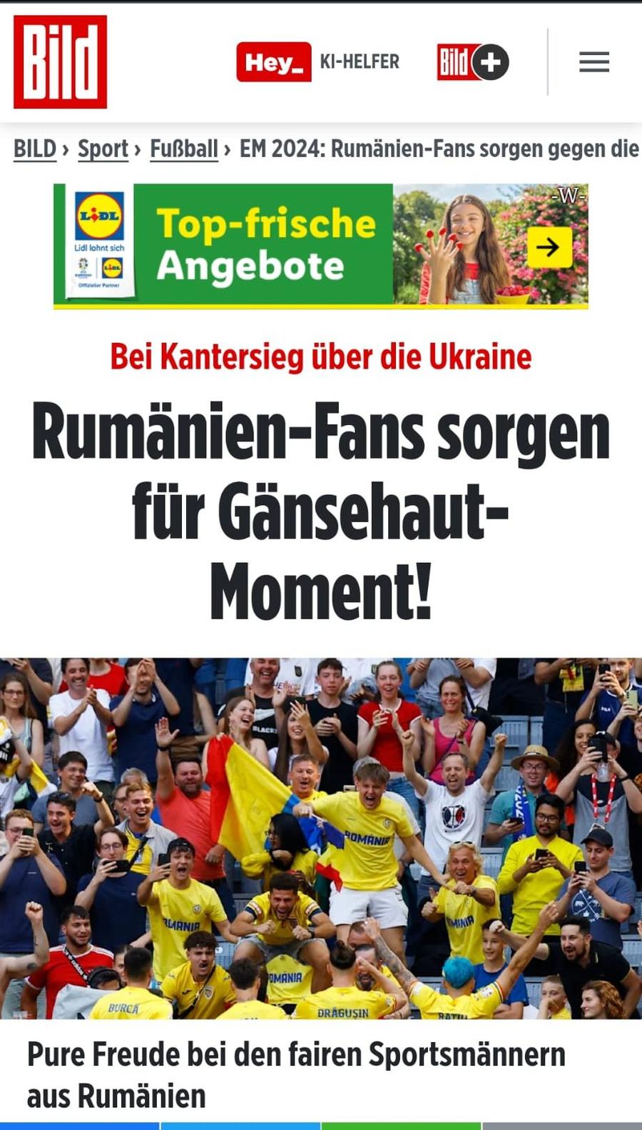 Jurnaliștii tabloidului german Bild scriu despre momentul în care fanii români le-au făcut „pielea de găină” Bild și Marca se înclină în fața „tricolorilor”: „Cei 40.000 de fani români au scandat «Ucraina! Ucraina!». Piele de găină!”