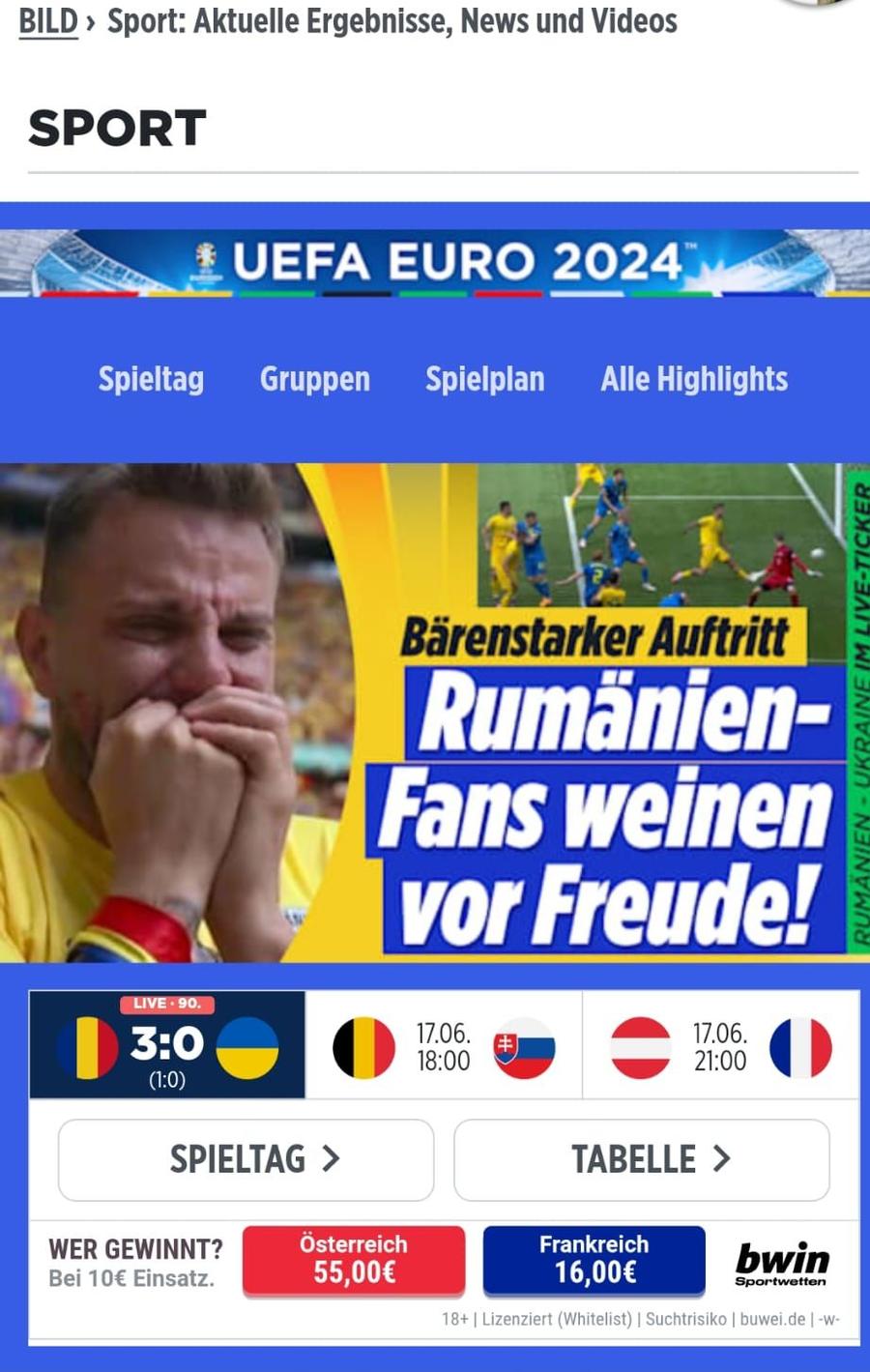 Bild a publicat și o fotografie-document. Titlul: „Fanii României plâng de fericire!” Bild și Marca se înclină în fața „tricolorilor”: „Cei 40.000 de fani români au scandat «Ucraina! Ucraina!». Piele de găină!”