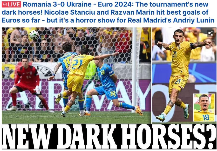 Titlul cronicii online făcute de tabloidul Daily Mail după prima mare surpriză de la Euro 2024 Patru jucători „tricolori” notați la superlativ de presa spaniolă și două note de 7,5 primite în cea italiană » La ucraineni, șase titulari ai lui Rebrov au luat linie!