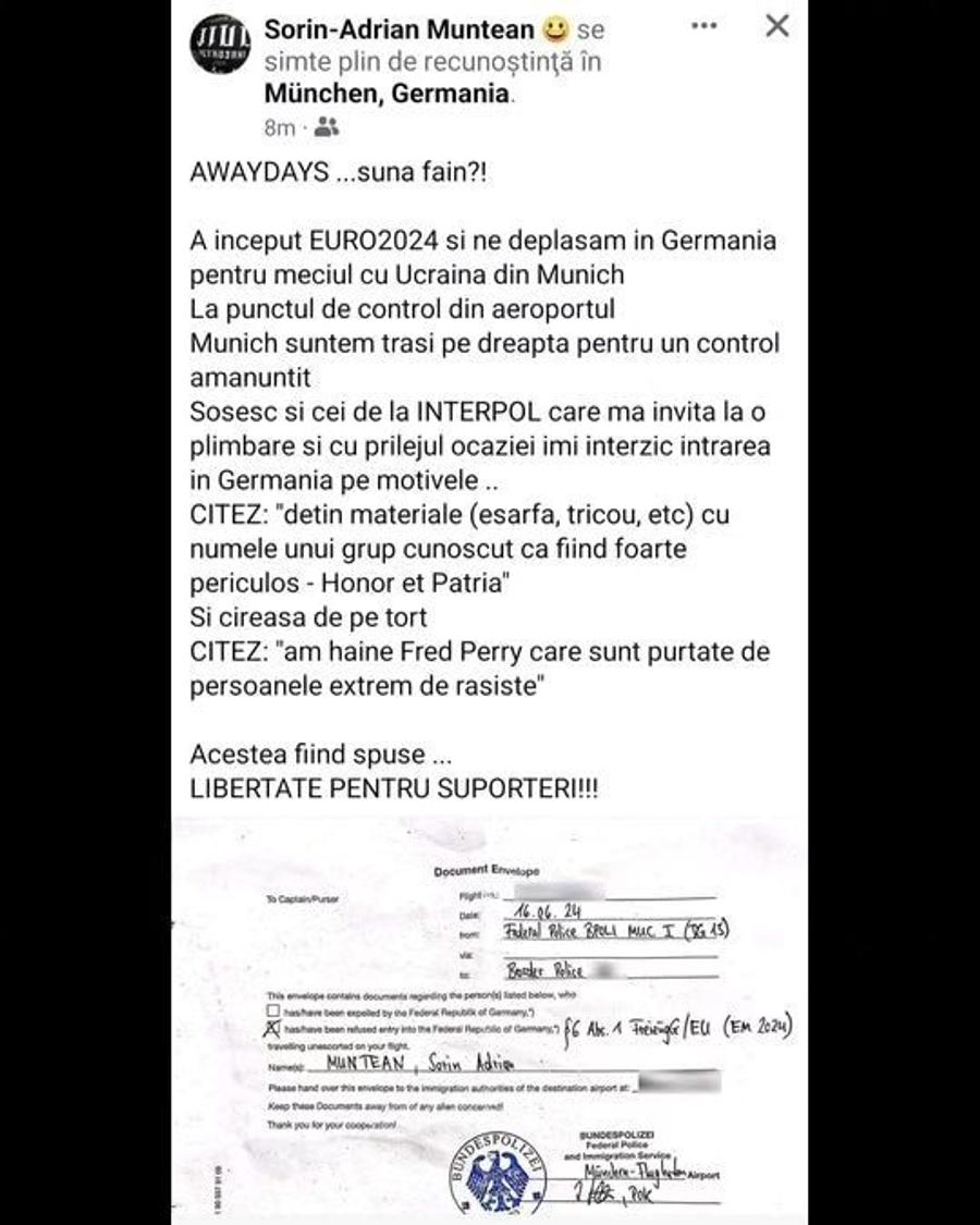 Un fan prezintă măsurile abuzive luate de autoritățile din Germania, înainte de România - Ucraina, foto: Facebook Ultrașii români, REȚINUȚI la intrarea în Germania! Acuzații fără precedent: „FRF și Jandarmeria i-au vândut pe ultrașii din Peluza Naționalei”