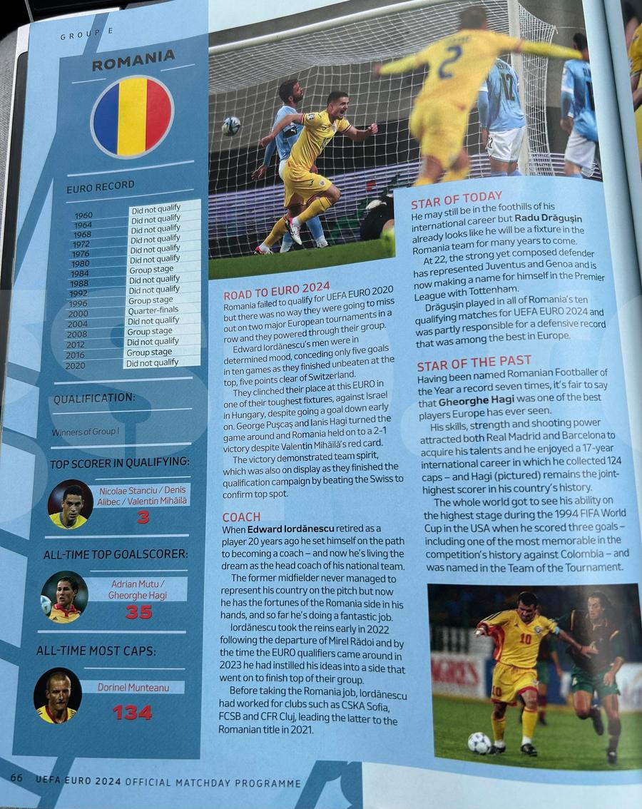 Pagina dedicată României în programul oficial Euro 2024, editat de UEFA România, prefață în programul oficial Euro 2024 » Cine a fost ales „vedeta din prezent” + Omagiu adus lui Gică Hagi