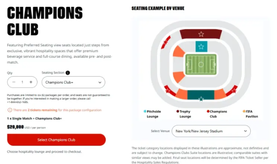Un pachet Champiosn Club la finala CM 2026 de pe „MetLife Stadium” din New York costă 20.000 $ de persoană Afacerea ascunsă a finalei CM 2026 » FIFA încasează comisioane duble la revânzarea biletelor pe platformă!