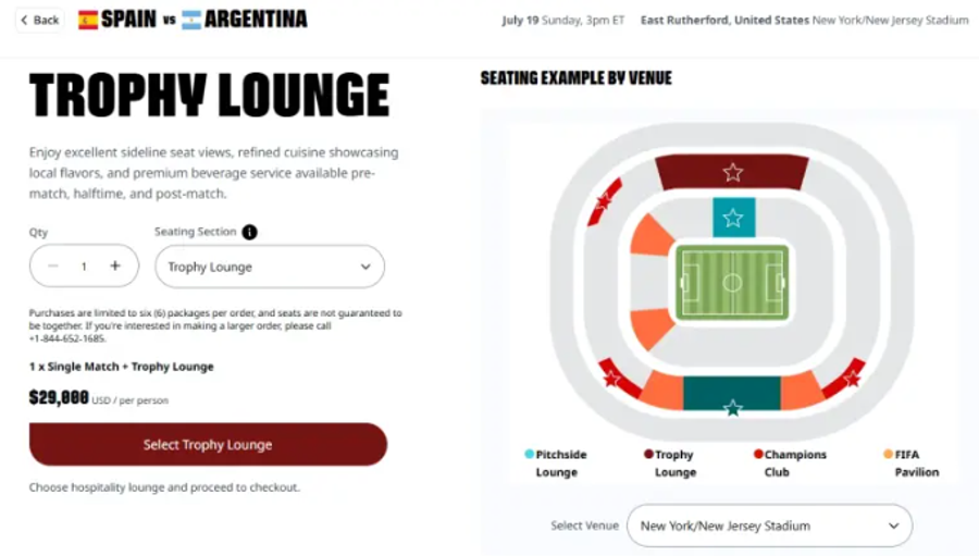 Un pachet Trophy Lounge la finala CM 2026 de pe „MetLife Stadium” din New York costă 29.000 $ de persoană Afacerea ascunsă a finalei CM 2026 » FIFA încasează comisioane duble la revânzarea biletelor pe platformă!