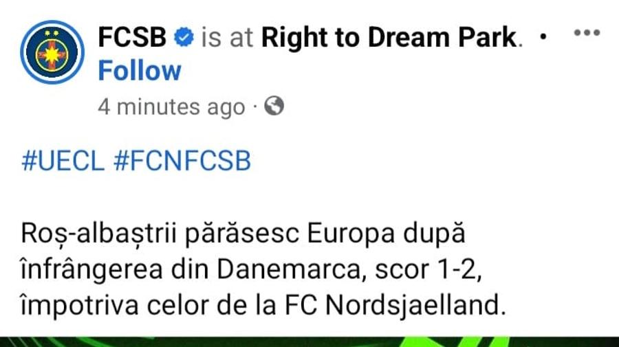 Chiar i-au năucit! Ce mesaj a apărut pe contul de facebook al celor de la FCSB după eșecul cu Nordsjaelland