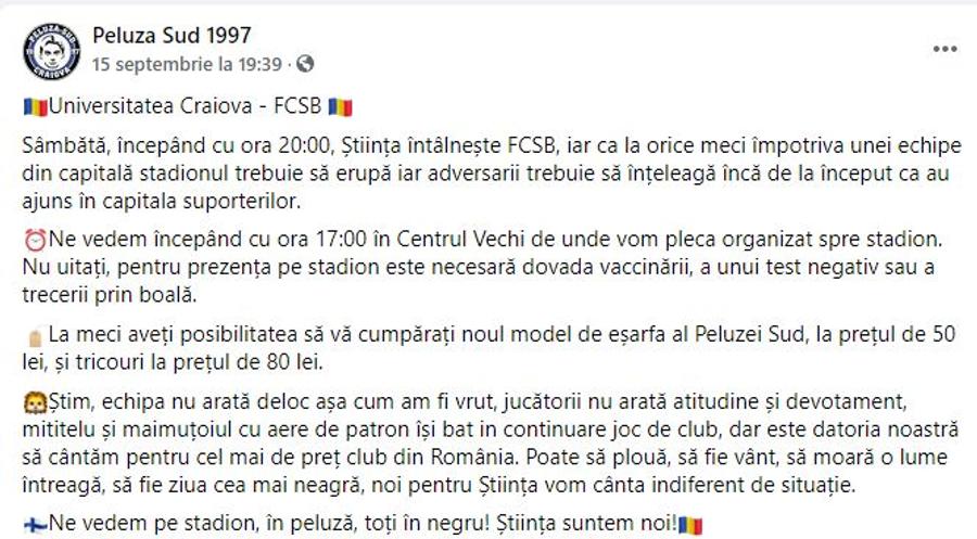 Mesajul ultrașilor din Peluza Sud 1997 Scandalul ia amploare! Ultrașii Craiovei, mesaj dur pentru Adrian Mititelu jr.: „Maimuțoi cu aere de patron”