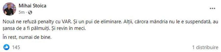 Postarea lui MIhai Stoica MM Stoica nu s-a putut abține! Mesajul postat chiar în timpul meciului Rapid - CS Mioveni: „Unii au șansa de a fi pălmuiți”