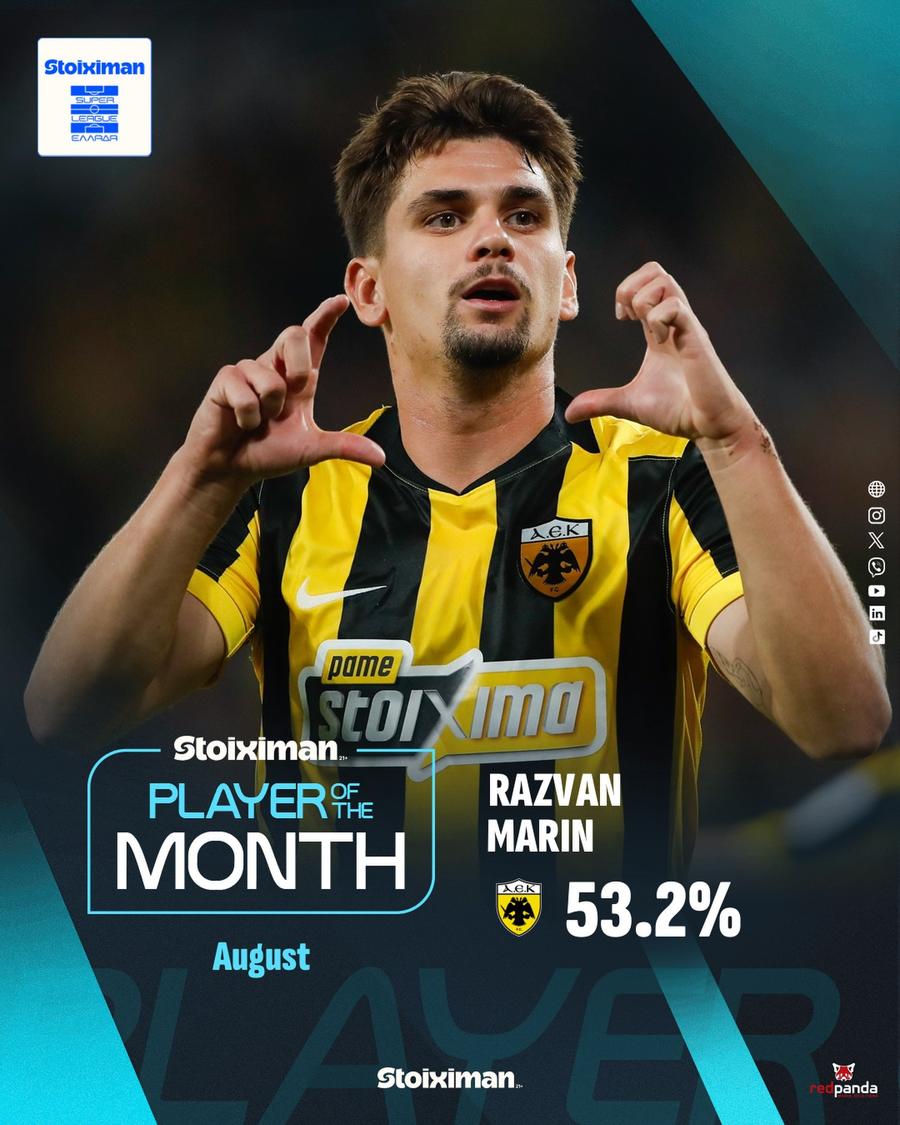 Răzvan Marin este „jucătorul lunii” august în Grecia // foto: instagram @super_league_gr Răzvan Marin, desemnat cel mai bun jucător din Grecia » Victorie zdrobitoare în fața contracandidaților
