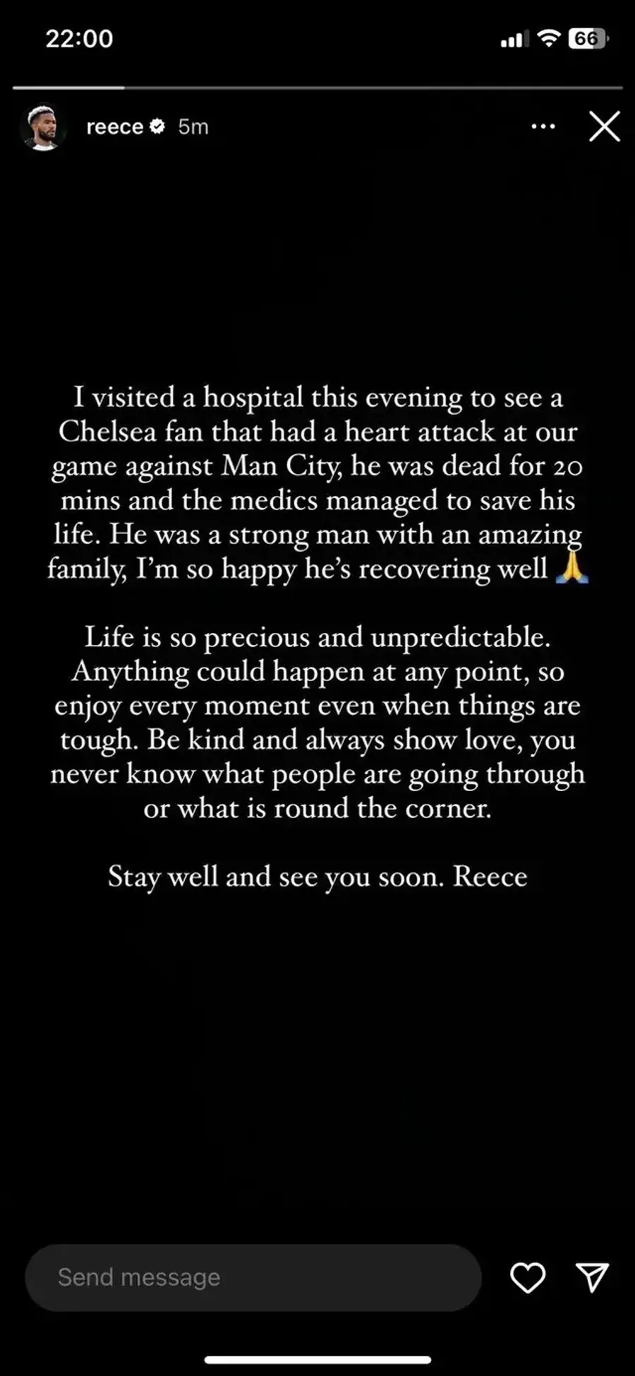 Sursă foto: Instagram/ReeceJames Gest impresionant al căpitanului lui Chelsea » L-a vizitat în spital pe suporterul care a suferit un infarct în tribune la derby-ul cu Manchester City