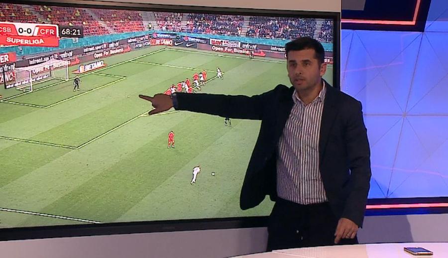 Nicolae Dică, indicând zona unde CFR Cluj execută fazele fixe / FOTO: Captură @Orange Sport Dică și MM sunt „la cuțite”: „Vreau să îi spun asta domnului Stoica!”