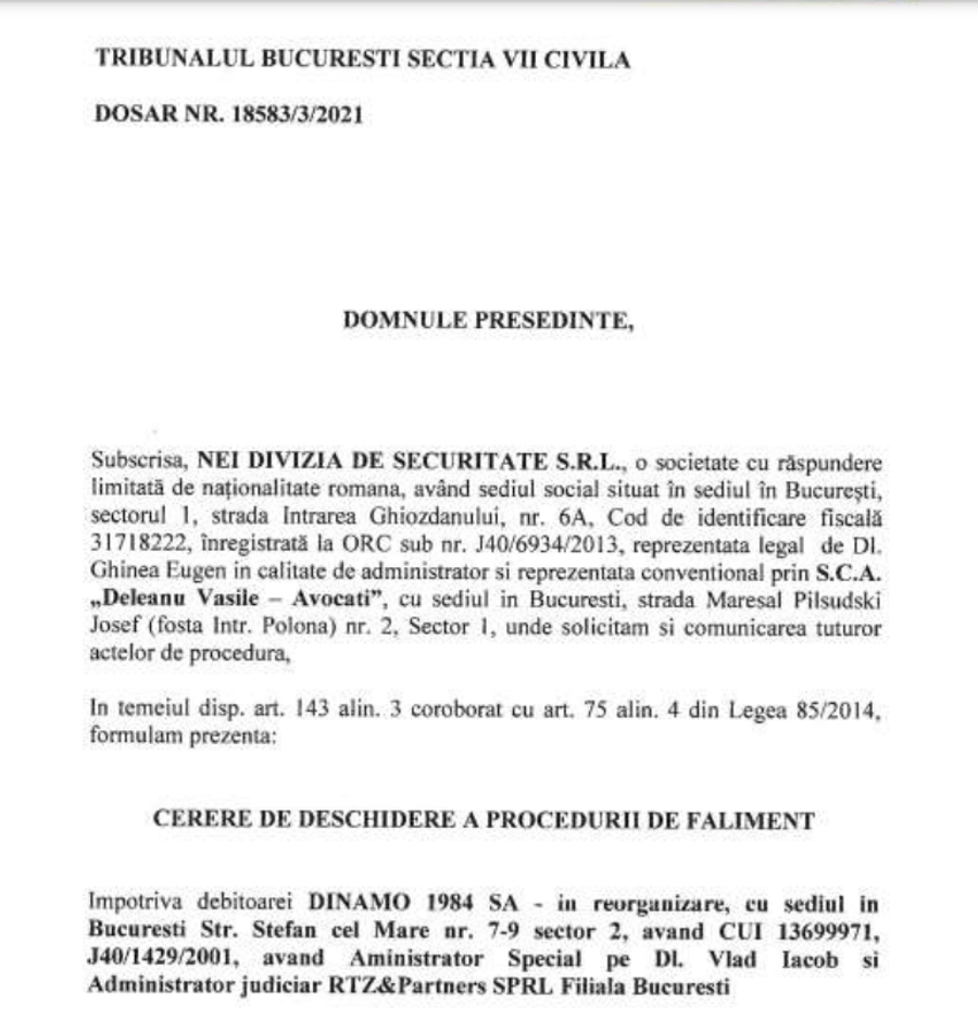 Facsimil cu cererea de deschidere a procedurii de faliment depusă de NEI împotriva SC Dinamo 1948 S.A. Derby-ul cu CSA poate fi fatal! Dinamo, amenințată pentru o datorie de 40.000 de euro: „Solicităm deschiderea procedurii de faliment”