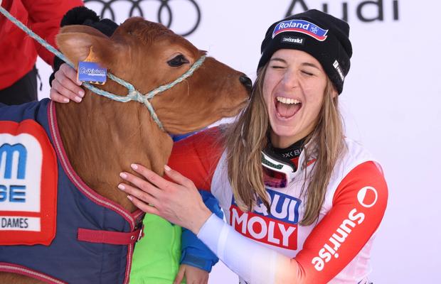 Premiu inedit la o etapă de Cupă Mondială de schi alpin » Jasmine Flury a primit un vițel după ce s-a impus în proba de coborâre