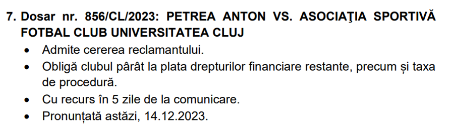 Litigiul dintre Anton Petrea și clubul „U” Cluj a ajuns la CNSL S-au despărțit amiabil, dar au ajuns la judecată » Antrenorul demis din Liga 1 își cere banii
