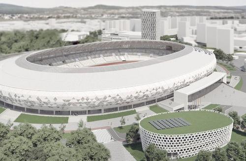 Așa ar urma să arate viitorul stadion din Bacău, încadrat de cele două turnuri de 15 etaje, un desen propus de proiectant în urmă cu 3-4 ani
