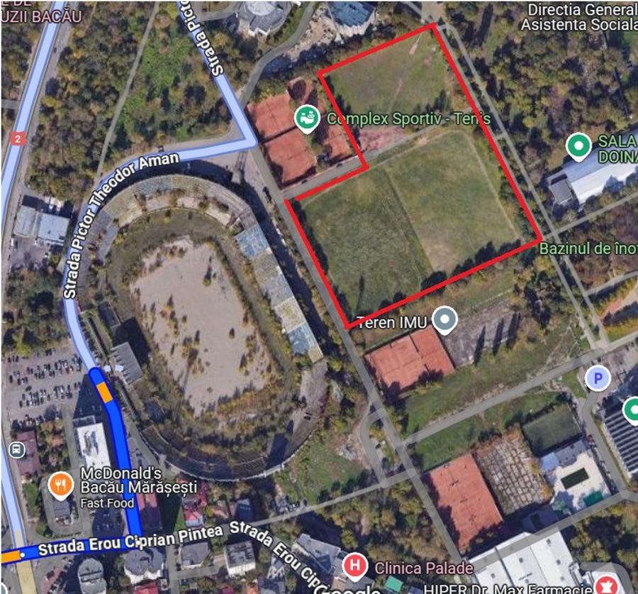Marcat cu roșu, terenul care aparține în prezent companiei Dedeman se află în spatele ruinelor stadionului Dosarul stadionului-ruină: proiect pentru un boom imobiliar? Primarul: „Așteptăm aviz să se poată construi două turnuri de 15 etaje lângă noua arenă” + Ce implicare are compania Dedeman