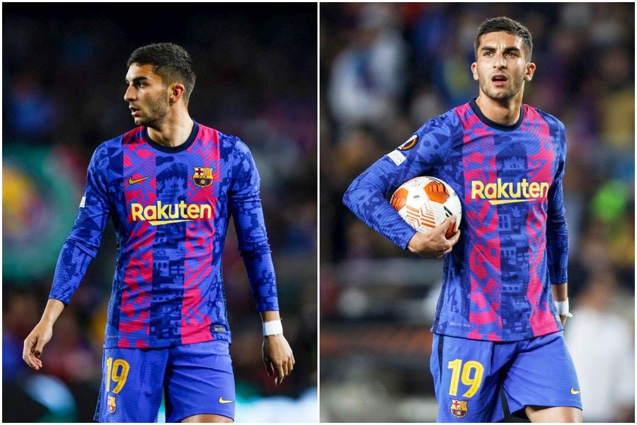 În prima repriză, tricoul lui Ferran Torres avea sigla Barcelonei și a partenerului tehnic, Nike. În a doua parte (dreapta), nu // foto: Imago Images Situație bizară în Barcelona - Napoli » A purtat un tricou diferit față de coechipieri