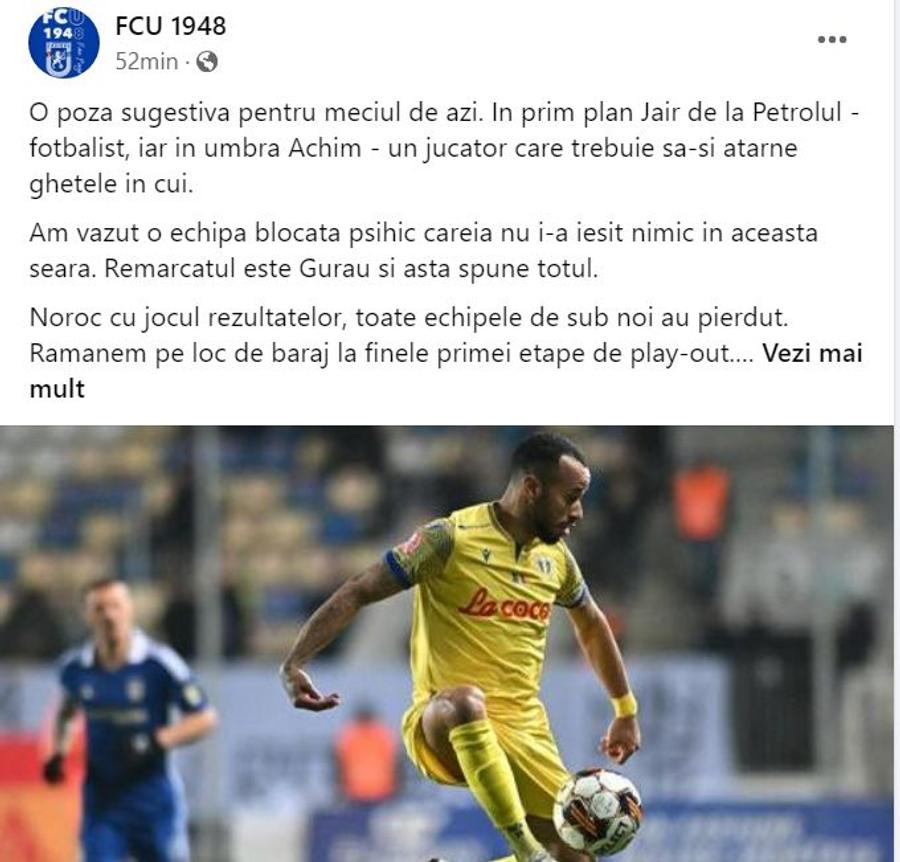Postarea fanilor olteni l-a avut drept țintă pe Achim Cea mai dură reacție după o nouă înfrângere a lui FCU Craiova: „Să-și atârne ghetele în cui!”