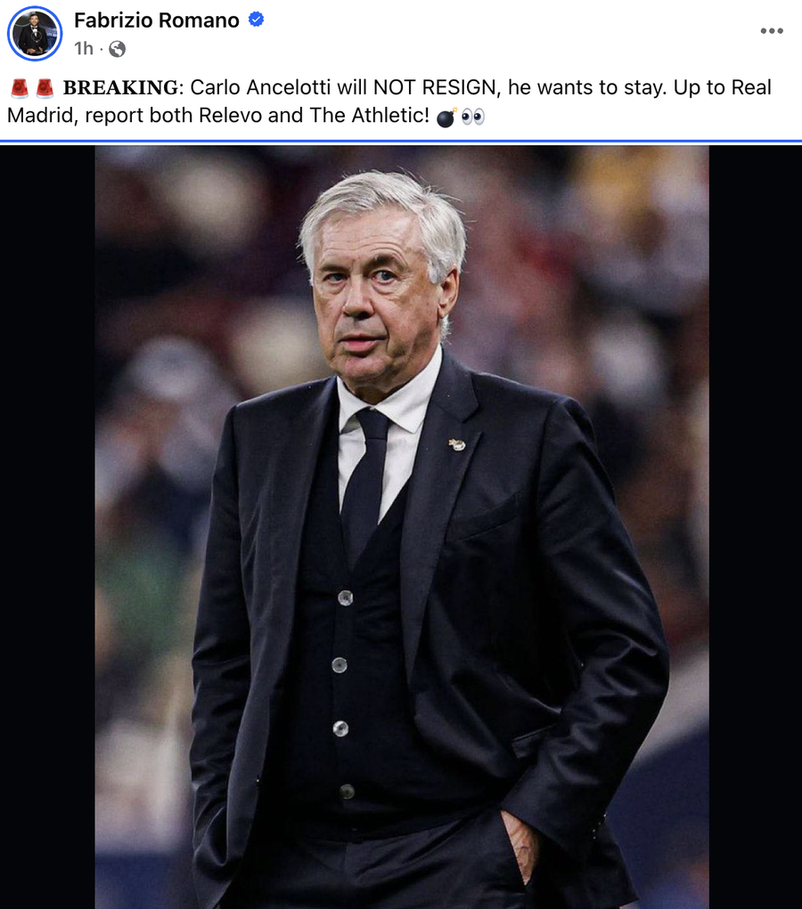 Postarea lui Fabrizio Romano pe pagina sa de Facebook Ancelotti nu vrea să semneze demisia » Vești de ultimă oră de la Real Madrid