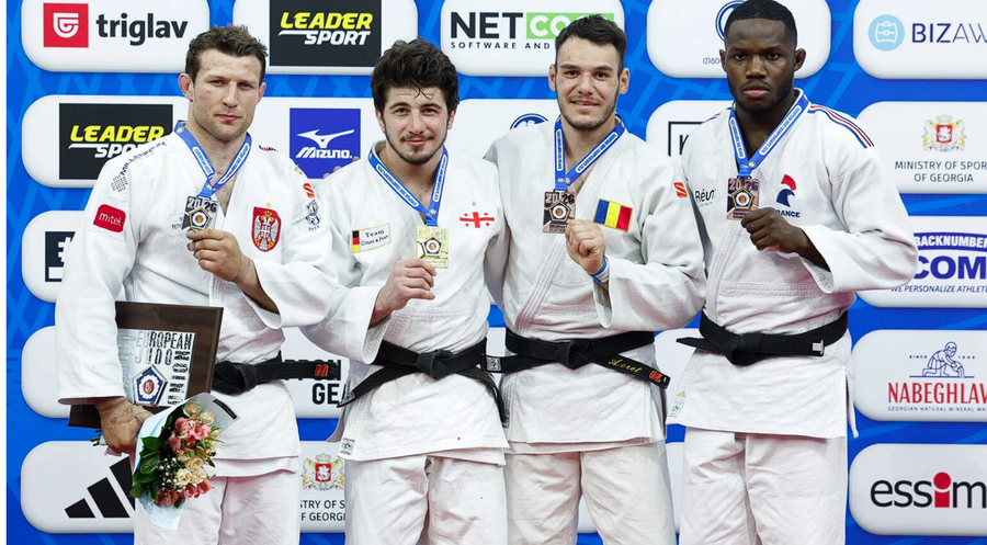 Podiumul european la categoriei 90 kg, cu Alex Creț (al treilea din dreapta) FOTO EJU Alex Creț, medalie de bronz la Campionatele Europene de judo de la Tbilisi