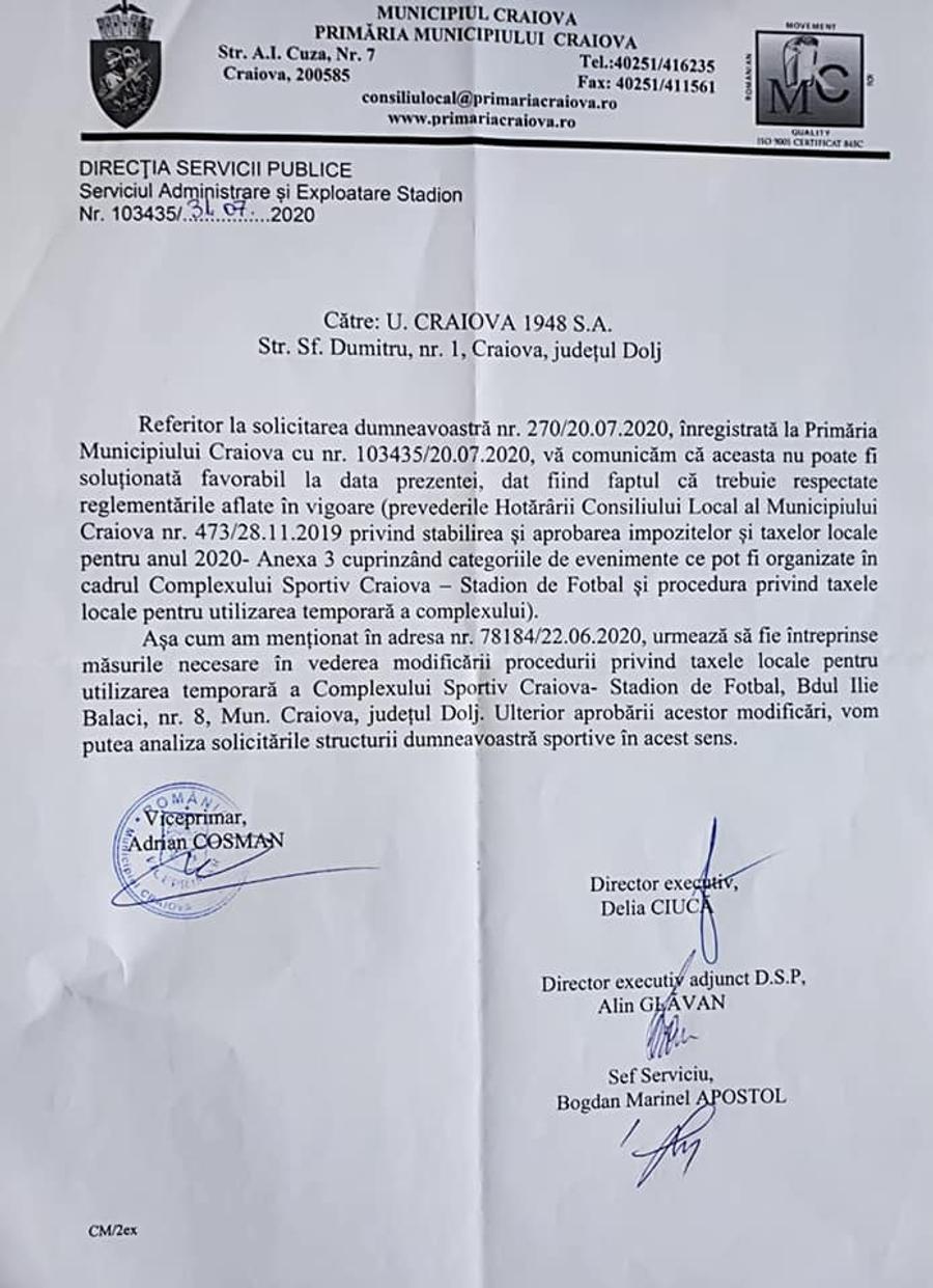 sursă foto: Facebook @ FC Universitatea Craiova 1948 Stupoare pentru Mititelu! Cum a răspuns Primăria Craiova ultimei cereri de a i se permite să folosească stadionul