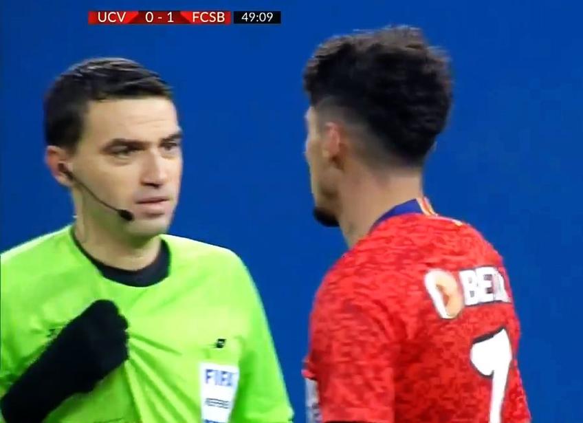 Florinel Coman (22 de ani) a fost avertizat în minutul 48 al partidei dintre CS Universitatea Craiova și FCSB, pentru o simulare crasă.
