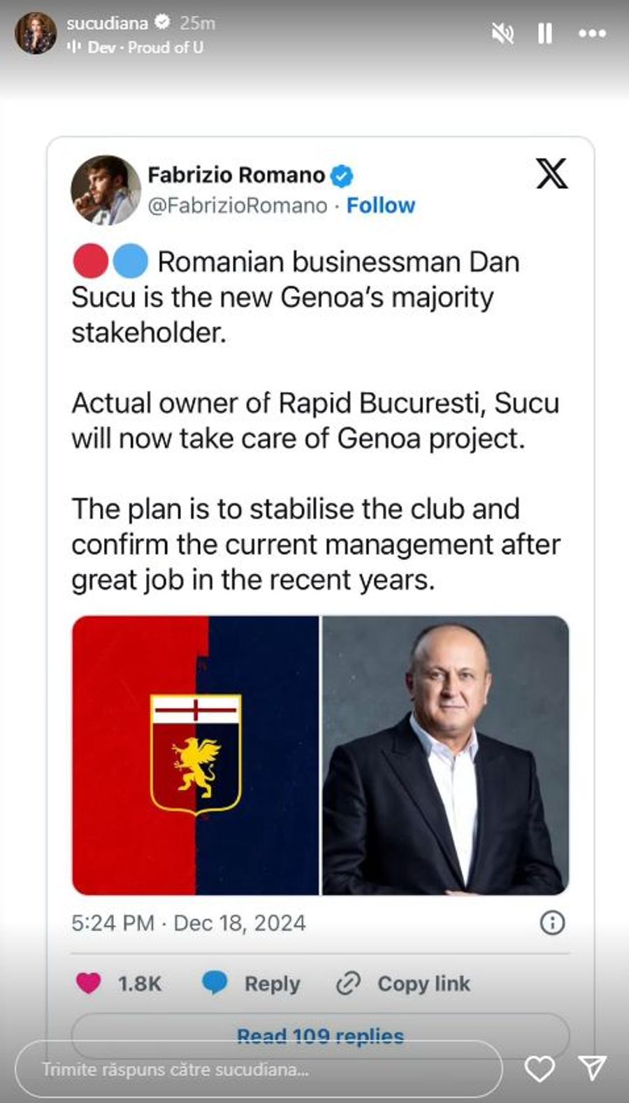 Postarea Dianei Șucu la InstaStory Prima reacție a Dianei Șucu, după ce soțul a cumpărat clubul italian Genoa