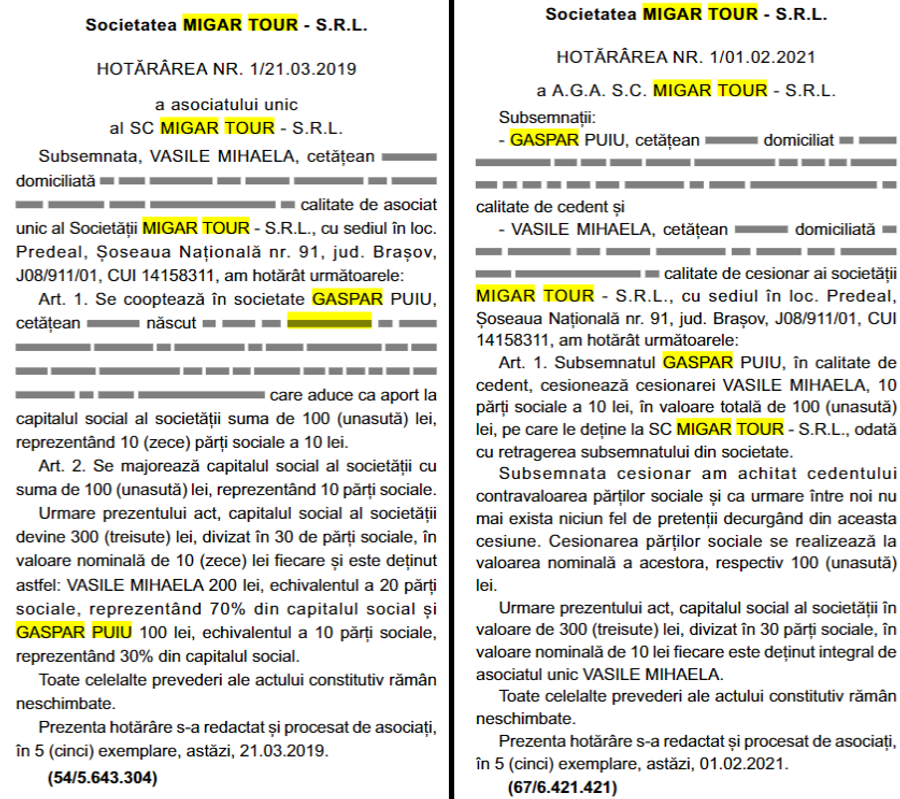 Extras din Monitorul Oficial: apariția în firmă a secretarului general Gaspar (stânga, 2019) și momentul în care iese din companie (dreapta, 2021) Cine conduce controvesata FR Schi » Șeful lua bani publici, de la cluburi afiliate, printr-o firmă de catering