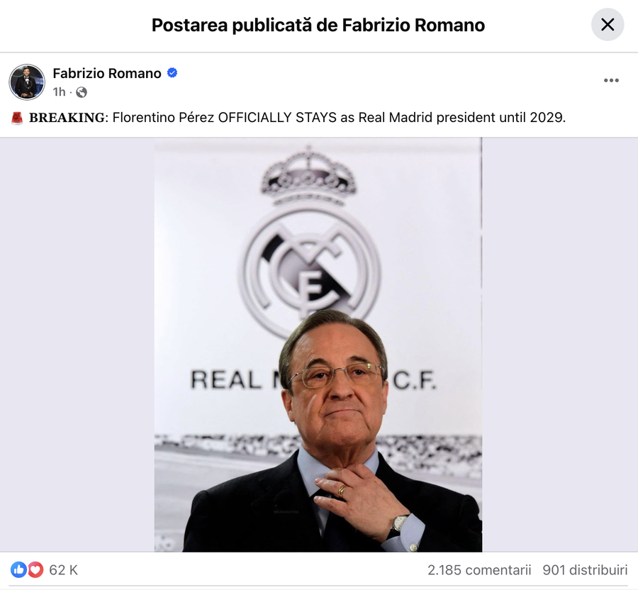 Anunțul făcut de Fabrizio Romano pe pagina sa de Facebook „Era Florentino Perez” continuă la Madrid » Președintele Realului rămâne în funcție până în 2029