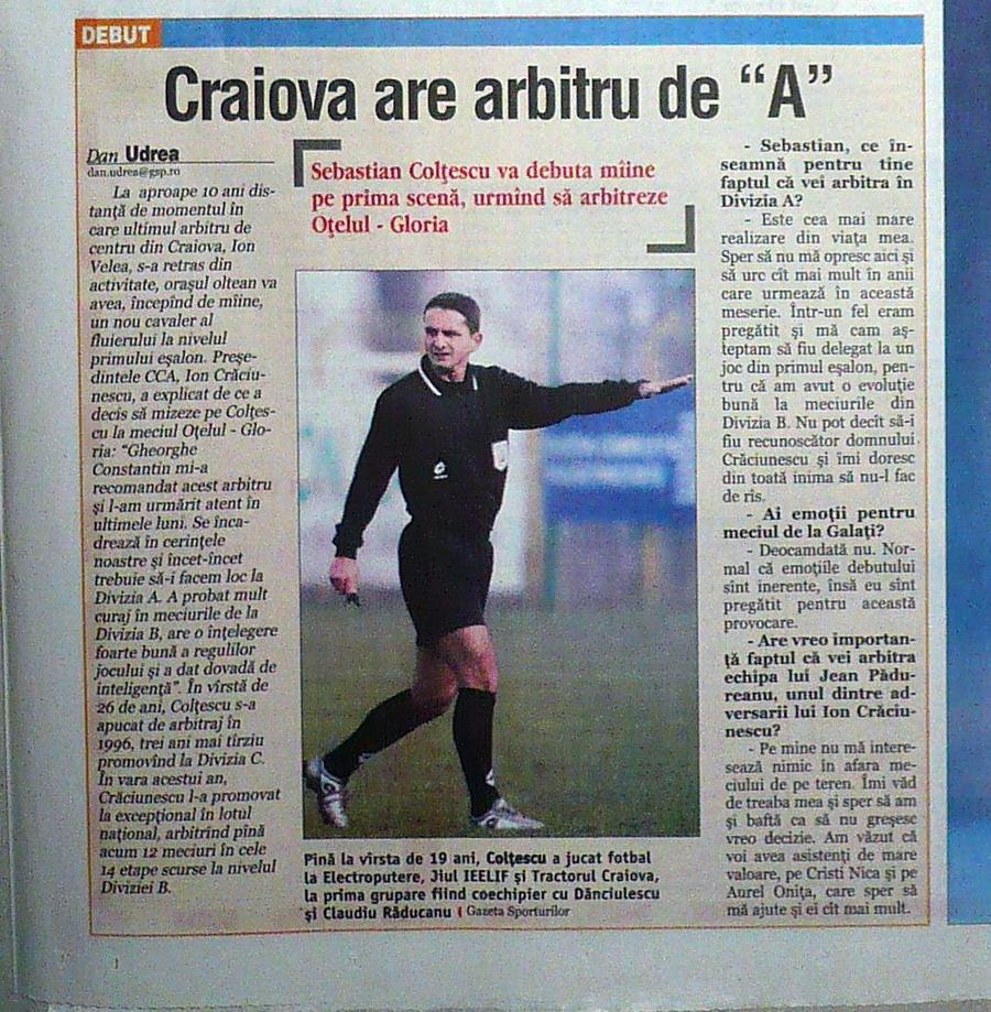 Articolul din Gazeta Sporturilor la care face referire Sebastian Colțescu Sebastian Colțescu, în istorie » „Centralul” numărul 1 all-time își spune întreaga poveste pentru cititorii GSP: „Viața și arbitrajul au dat cu mine de pământ. Am partea mea de vină, pe care mi-o asum”