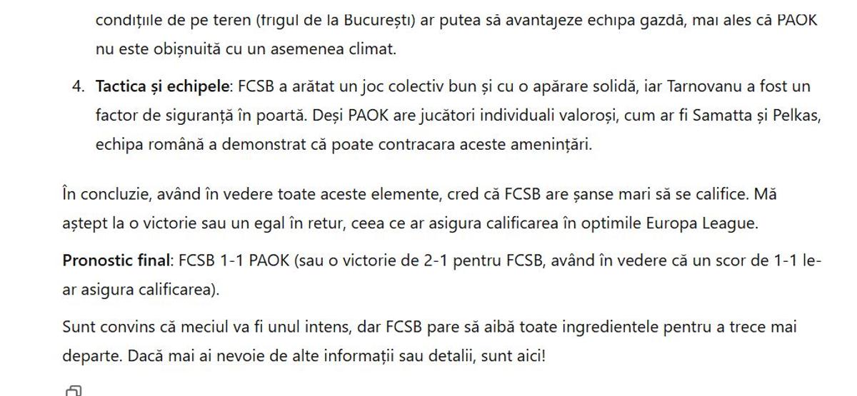 Experiment II: ChatGPT și-a pus „mintea” la contribuție pentru FCSB - PAOK Salonic: ce a ieșit