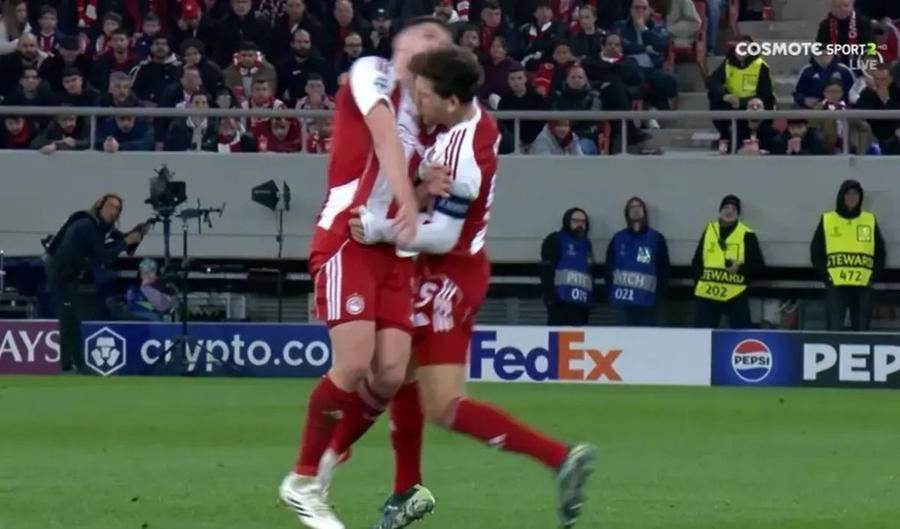 Ciocnirea dintre Retsos și Pirola / Foto: captură Ciocnire violentă! » Sânge pe „Karaiskakis”, în Olympiakos -Leverkusen