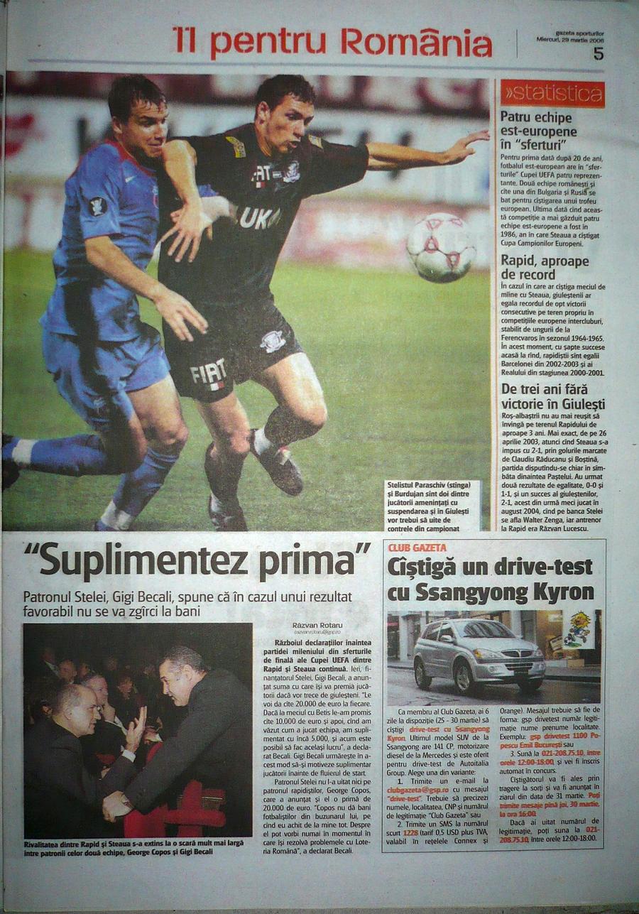 Gazeta Sporturilor din 29 martie 2006. Gigi Becali promite „suplimentarea primei” pentru o calificare în fața Rapidului Andrei Cristea, dezvăluiri fabuloase » Ce primă pregătise Becali pentru meciul cu Middlesbrough + Cum se războia cu Copos: „Luau Gazeta, o citeau, apoi măreau suma”