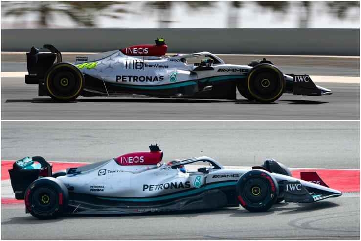 Sus, Mercedes W13 în Bahrain. Jos, la Barcelona // foto: Guliver/gettyimages & Imago Images