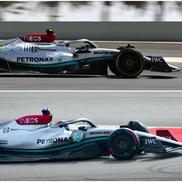Sus, Mercedes W13 în Bahrain. Jos, la Barcelona // foto: Guliver/gettyimages & Imago Images