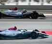 Sus, Mercedes W13 în Bahrain. Jos, la Barcelona // foto: Guliver/gettyimages & Imago Images